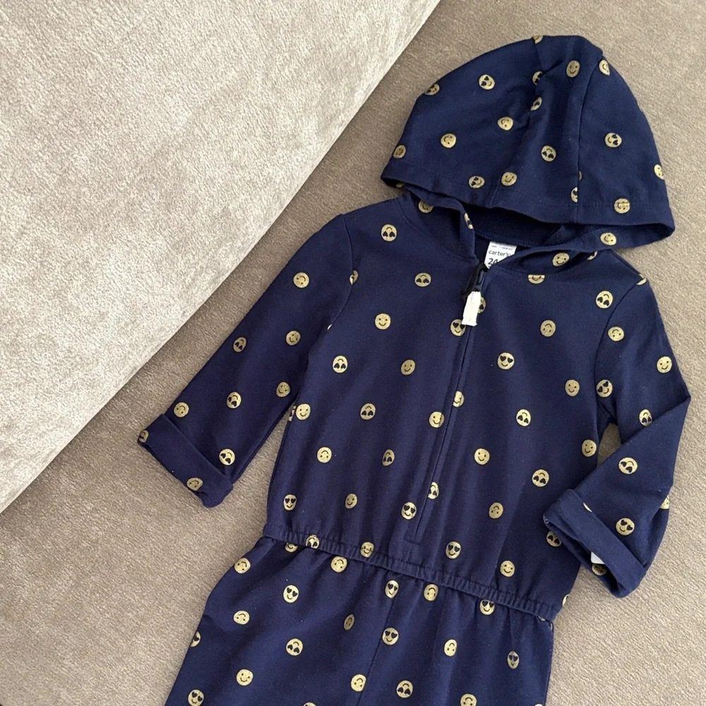 Carter’s Navy Blue Emoji Smiley Face Hooded Zip Jumpsuit